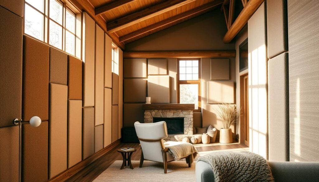 A cozy cabin interior with warm, natural lighting streaming through large windows. In the foreground, an arrangement of acoustic panels in neutral earth tones is strategically placed along the walls, creating a harmonious and visually pleasing soundproofing solution. The panels feature a variety of textures, from smooth to slightly textured, to optimize sound absorption. Plush, muted-colored soft furnishings, such as a comfortable armchair and a cozy throw blanket, are positioned in the middle ground, adding to the overall sense of acoustic comfort and relaxation. The background showcases the cabin's rustic charm, with exposed wooden beams and a inviting stone fireplace, completing the soothing, retreat-like atmosphere.