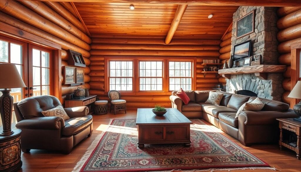 A cozy cabin living space, bathed in warm natural light streaming through large windows. A rustic wooden floor, complemented by plush area rugs and comfortable furniture - a plush leather armchair, a sturdy wooden coffee table, and a cozy L-shaped sofa. The space is adorned with natural accents, such as wooden shelves displaying decorative items, framed nature photography, and a stone fireplace mantle. Overhead, a wooden beam ceiling creates a sense of rustic elegance. The overall atmosphere is one of relaxation, inviting the viewer to imagine curling up with a good book or enjoying quality time with friends and family.