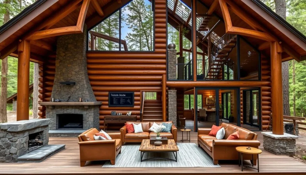 A cozy cabin nestled in a lush forest, its exterior a seamless blend of traditional log construction and modern architectural elements. The front porch features rustic wooden beams and a stone fireplace, complemented by sleek, floor-to-ceiling windows that flood the interior with natural light. Inside, the open-concept living area showcases a harmonious mix of vintage and contemporary furnishings, from a plush leather sofa to a minimalist coffee table. Warm wooden accents, such as exposed ceiling beams and a central staircase, create a sense of timeless elegance, while clean lines and neutral tones lend an airy, sophisticated ambiance. The result is a cabin that effortlessly balances the charm of the past with the comforts of the present, a perfect retreat that celebrates the beauty of nature and modern living.