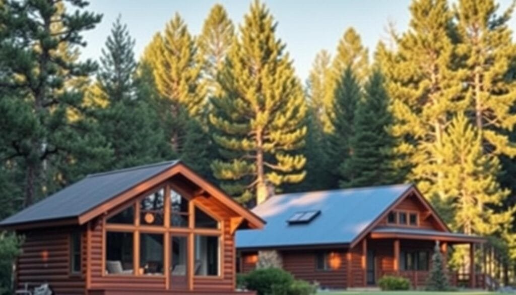 A cozy cabin nestled in a lush, forested landscape, featuring a blend of traditional and modern roof styles. In the foreground, a charming cabin with a gable roof, its rustic wooden exterior complemented by large picture windows that invite natural light. In the middle ground, another cabin showcases a sleek, shed-style roof, its clean lines and contemporary materials contrasting with the surrounding natural elements. The background is framed by towering pines, casting warm, golden shadows across the scene. The overall atmosphere evokes a sense of peaceful retreat, where the beauty of the outdoors and the comforts of home converge in perfect harmony.
