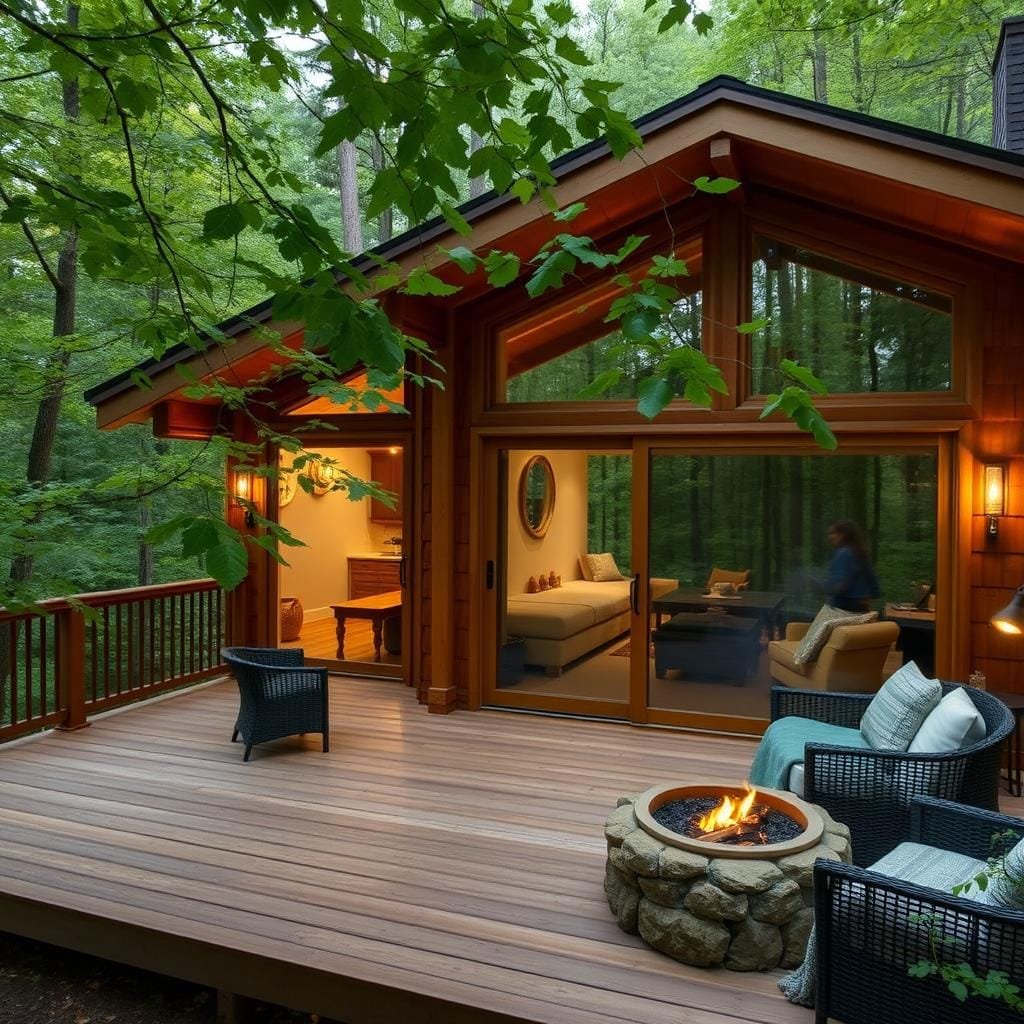 A cozy cabin nestled in a lush, verdant forest, with a seamless transition between indoor and outdoor living spaces. The cabin's large windows and sliding glass doors open to a spacious deck, blurring the lines between the interior and exterior. Warm, natural wood tones complement the earthy greens of the surrounding foliage. Soft, diffused lighting emanates from the cabin, creating a welcoming and tranquil atmosphere. A comfortable seating area on the deck invites relaxation, with a fire pit nearby for chilly evenings. The overall scene evokes a sense of harmony, where the cabin and its natural setting are effortlessly integrated.