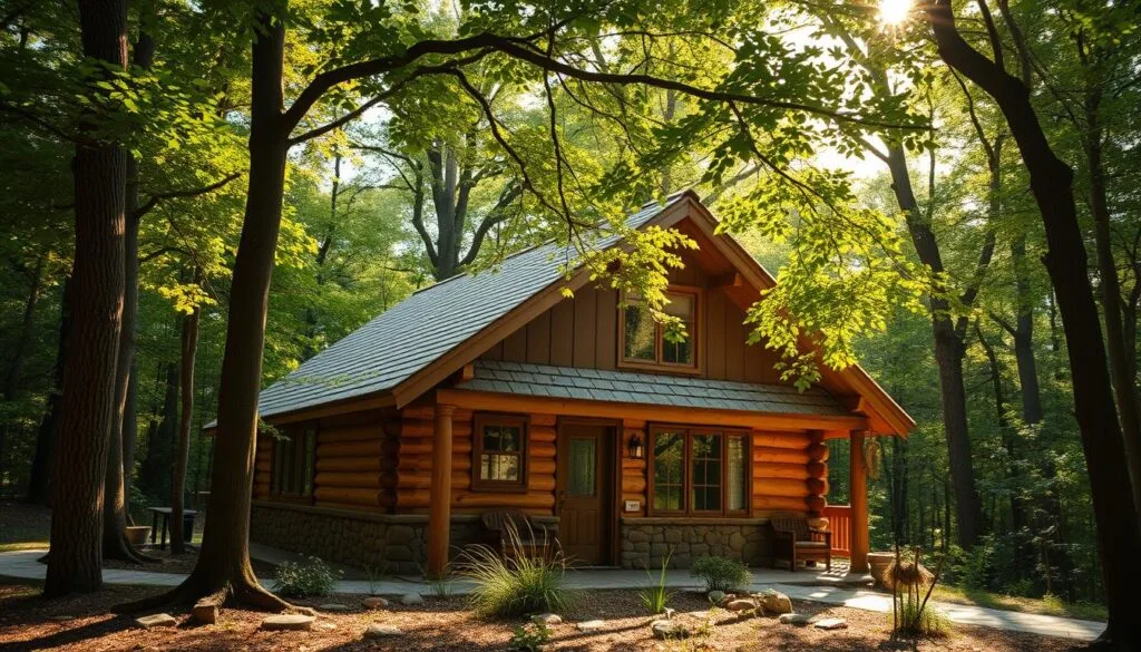 A cozy cabin nestled in a lush, verdant forest, with a warm, earthy aesthetic. The exterior is adorned with natural materials like wood, stone, and straw, showcasing eco-friendly insulation solutions. Sunlight filters through the canopy, casting a soft, golden glow on the cabin's rustic charm. The cabin's design seamlessly blends with the surrounding environment, promoting a harmonious and sustainable living experience. The overall scene evokes a sense of tranquility, comfort, and a deep connection to nature.