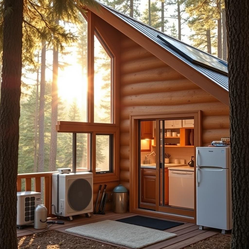 A cozy cabin nestled in a picturesque forest, with sunlight streaming through the windows. The exterior features well-insulated walls, strategically placed windows to maximize natural light and ventilation, and a metal roof that reflects heat. Inside, the cabin is filled with energy-efficient appliances, LED lighting, and plush insulation in the walls and ceiling, creating a warm and comfortable atmosphere. A heat pump system regulates the temperature, while a solar panel array on the roof provides sustainable power. The scene conveys a sense of rustic charm and environmental responsibility, reflecting the cabin's focus on energy efficiency and comfort. A cozy cabin nestled in a picturesque forest, with sunlight streaming through the windows. The exterior features well-insulated walls, strategically placed windows to maximize natural light and ventilation, and a metal roof that reflects heat. Inside, the cabin is filled with energy-efficient appliances, LED lighting, and plush insulation in the walls and ceiling, creating a warm and comfortable atmosphere. A heat pump system regulates the temperature, while a solar panel array on the roof provides sustainable power. The scene conveys a sense of rustic charm and environmental responsibility, reflecting the cabin's focus on energy efficiency and comfort.