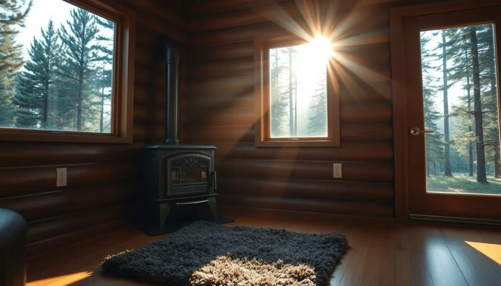 A cozy cabin nestled in a pine forest, a small wood stove installed in the corner, its cast iron body gleaming in the soft lighting. The stove's elegant lines and polished accents complement the warm, rustic ambiance of the space. Sunlight filters through the cabin's large windows, casting a golden glow over the polished wooden floors and simple, yet functional furnishings. The stove's smokestack rises through the ceiling, seamlessly integrated into the cabin's design. A thick rug sits before the stove, inviting visitors to bask in its comforting radiance. The scene evokes a sense of tranquility and escape, perfectly capturing the essence of a cabin heated by a reliable and efficient wood stove.