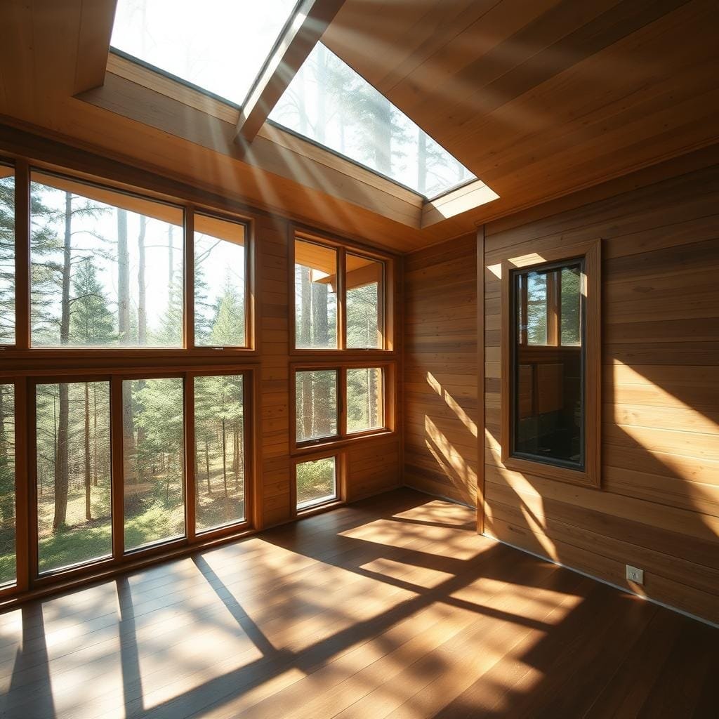 A cozy cabin nestled in a serene forest, its large windows bathed in warm, natural light. The interior is minimalist yet inviting, with clean lines and earthy tones that create a harmonious, calming atmosphere. Sunbeams dance across the wooden floors, casting soft shadows that accentuate the architectural details. A well-placed skylight amplifies the brightness, filling the space with a gentle, diffused glow. The window placement and size have been strategically considered to maximize the influx of natural illumination, making the cabin feel open, airy, and connected to its picturesque surroundings. A cozy cabin nestled in a serene forest, its large windows bathed in warm, natural light. The interior is minimalist yet inviting, with clean lines and earthy tones that create a harmonious, calming atmosphere. Sunbeams dance across the wooden floors, casting soft shadows that accentuate the architectural details. A well-placed skylight amplifies the brightness, filling the space with a gentle, diffused glow. The window placement and size have been strategically considered to maximize the influx of natural illumination, making the cabin feel open, airy, and connected to its picturesque surroundings.