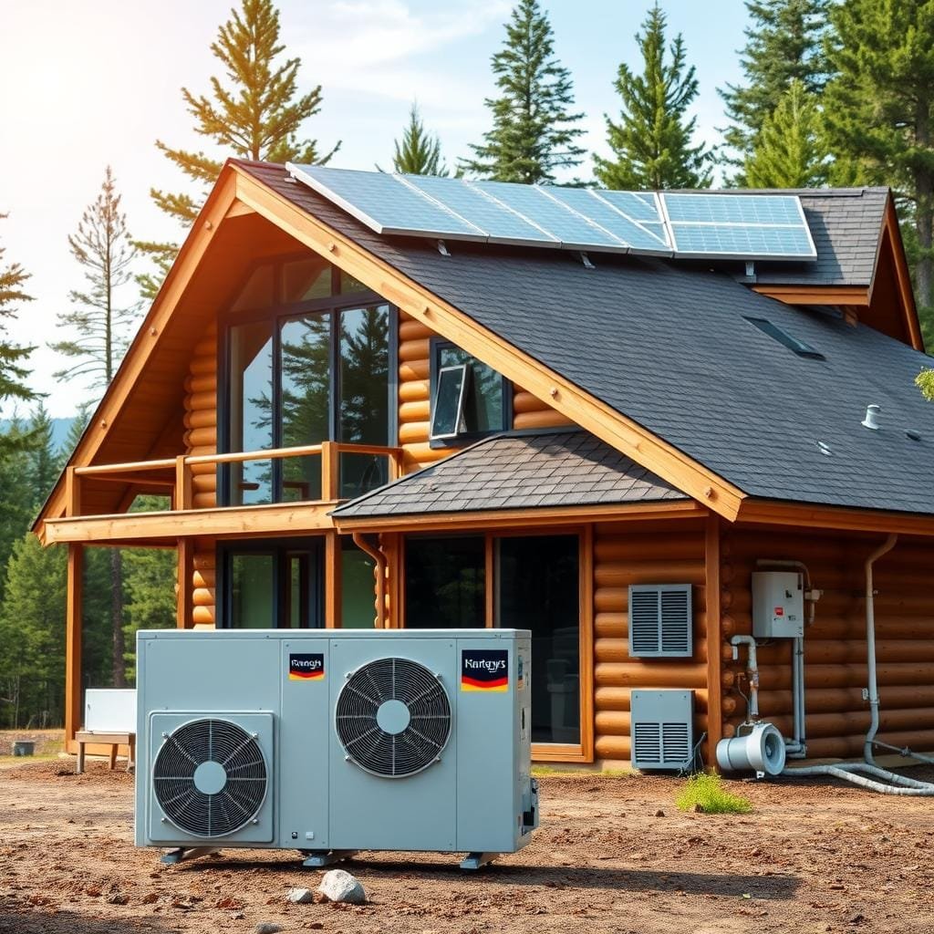A cozy cabin nestled in a serene forest, its roof adorned with solar panels capturing the sun's rays. In the foreground, a high-efficiency heat pump sits beside a large double-glazed window, its sleek design blending seamlessly with the cabin's rustic charm. The middle ground features a well-insulated exterior, with strategically placed vents and a heat recovery ventilation system to maintain a comfortable indoor climate. In the background, a lush landscape of evergreen trees and a clear sky, symbolizing the cabin's sustainable and energy-efficient design in harmony with its natural surroundings.
