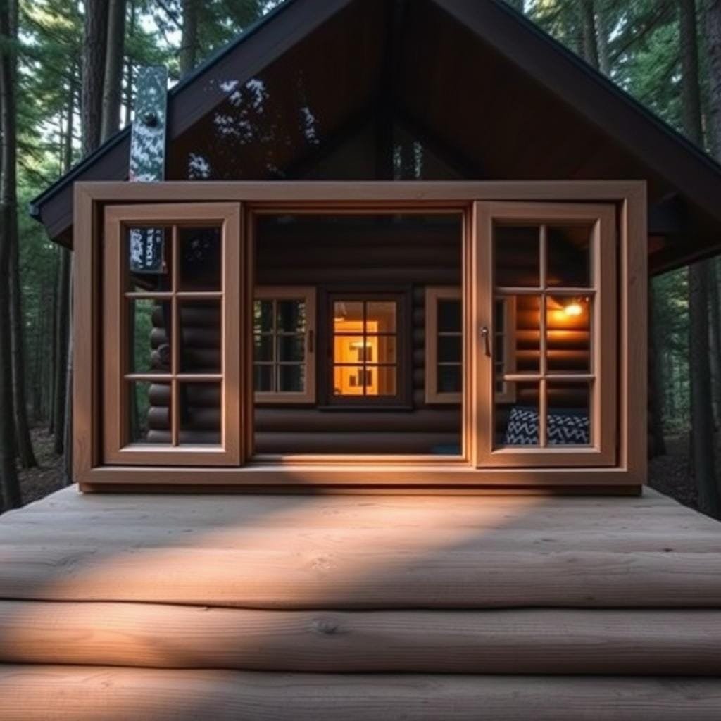 A cozy cabin nestled in a serene forest, its window frames standing in focus as the central subject. Soft, natural lighting filters through the panes, casting a warm glow on the wooden sill. The frame dimensions are clearly visible, allowing the viewer to appreciate the careful selection of the perfect window size for this small cabin retreat. The surrounding forest backdrop adds depth and a sense of tranquility, complementing the cabin's rustic charm. A composition that highlights the importance of choosing the right window size to enhance the overall aesthetic and functionality of a small living space. A cozy cabin nestled in a serene forest, its window frames standing in focus as the central subject. Soft, natural lighting filters through the panes, casting a warm glow on the wooden sill. The frame dimensions are clearly visible, allowing the viewer to appreciate the careful selection of the perfect window size for this small cabin retreat. The surrounding forest backdrop adds depth and a sense of tranquility, complementing the cabin's rustic charm. A composition that highlights the importance of choosing the right window size to enhance the overall aesthetic and functionality of a small living space.