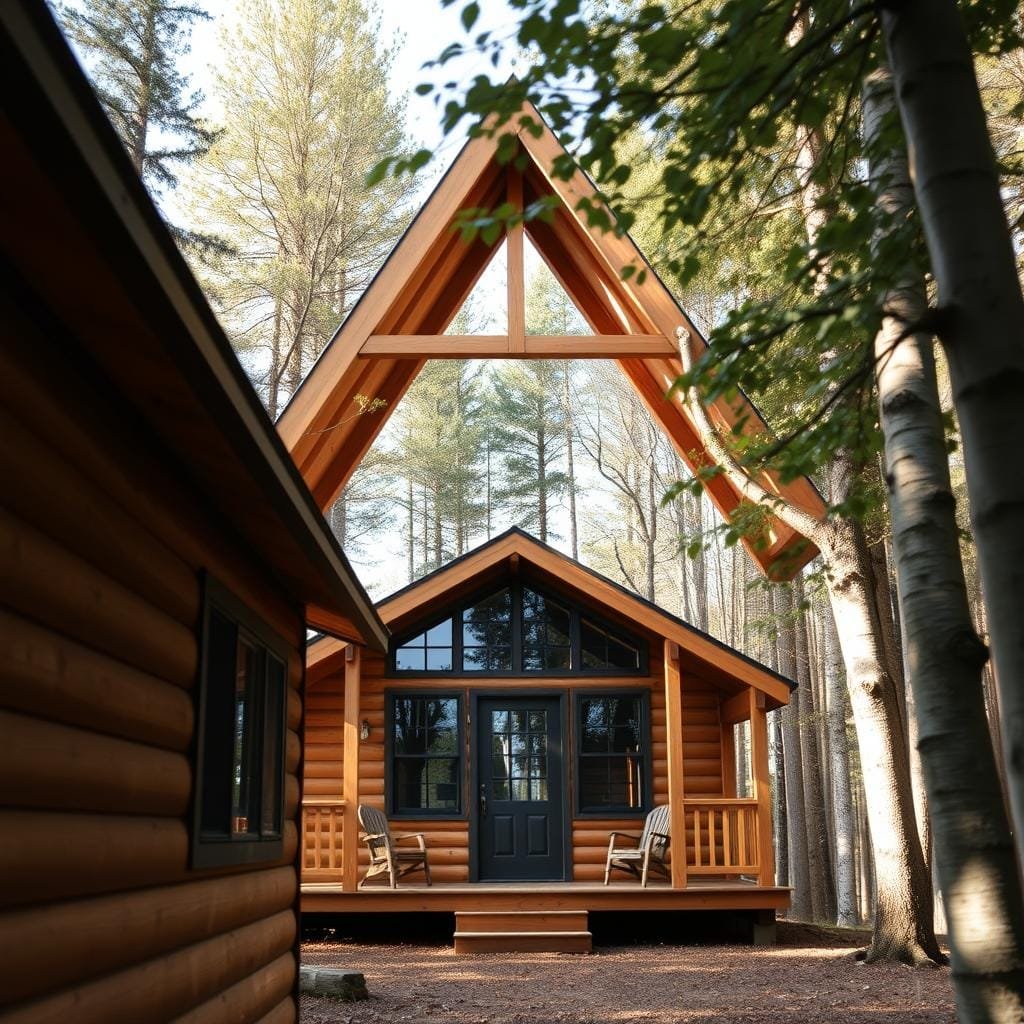 A cozy cabin nestled in a serene forest, showcasing the diverse regional wood choices for its construction. In the foreground, smooth-grained cedar planks line the exterior walls, complementing the rustic charm. In the middle ground, a mix of sturdy Douglas fir and warm-toned maple beams support the A-frame roof, casting soft, natural shadows. In the background, a blend of local hardwoods like oak, hickory, and birch trees frame the scene, their leaves gently swaying in a soft, golden light. The overall atmosphere evokes a sense of tranquility and the perfect balance between function and aesthetic, reflecting the regional adaptations for cabin insulation.