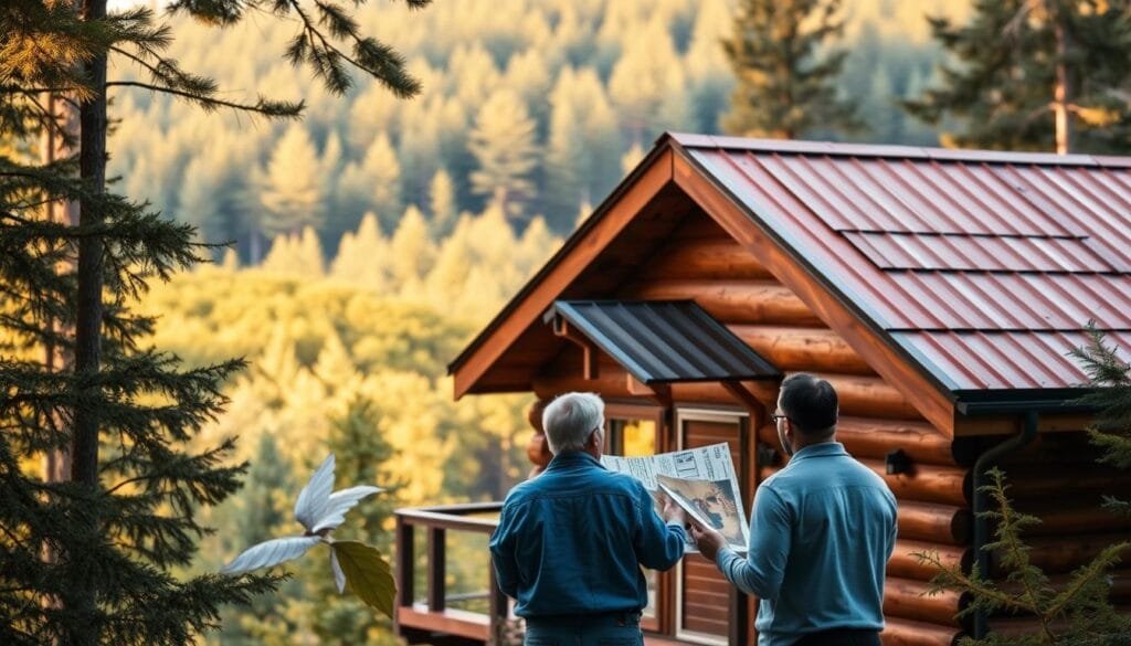 A cozy cabin nestled in a serene forest, with a close-up view of the roof selection process. In the foreground, two people carefully examine and compare different roofing materials, such as wooden shingles and metal panels, illuminated by warm, golden natural lighting. The middle ground showcases the cabin's architectural features, highlighting the choice between a gable or shed roof design. In the background, a lush, verdant landscape frames the scene, creating a tranquil and contemplative atmosphere. The composition emphasizes the decision-making process, inviting the viewer to consider the factors that go into selecting the perfect roof for a cabin retreat.