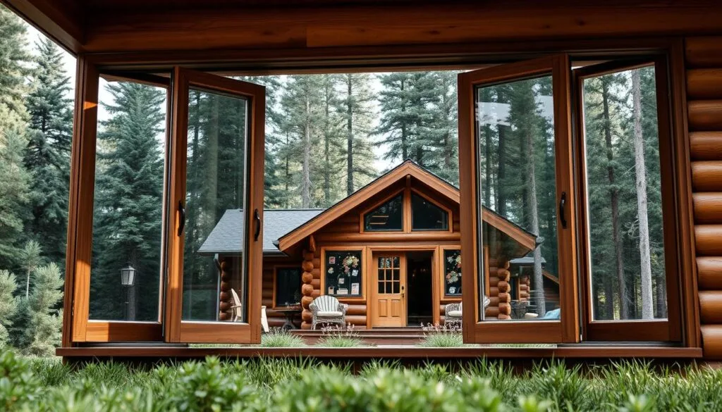 A cozy cabin nestled in a serene, forested landscape. In the foreground, a pair of casement windows stand open, allowing a gentle breeze to flow through the cabin's interior. The windows feature sleek, wooden frames and panes of clear glass, letting in ample natural light. The middle ground showcases the cabin's exterior, with its rustic logs and charming details. In the background, towering pines and lush vegetation create a tranquil, peaceful atmosphere. The lighting is soft and diffused, casting a warm, inviting glow over the scene. A sense of harmony and energy efficiency radiates from the well-chosen window placement and design.