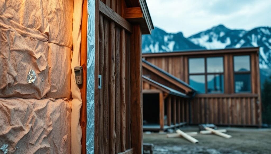 A cozy cabin nestled in a serene mountain landscape, the interior walls exposed to showcase the intricate details of well-planned insulation. In the foreground, a cross-section of the cabin wall reveals the carefully layered insulation materials - dense fiberglass batting, reflective foil sheeting, and precisely fitted rigid foam panels. The mid-ground focuses on the meticulous installation, with skilled hands carefully sealing joints and edges to create an airtight thermal barrier. The background showcases the cabin's exterior, featuring a rustic wooden facade and large windows that frame the breathtaking natural scenery beyond. The lighting is soft and diffused, casting a warm, inviting glow throughout the scene.