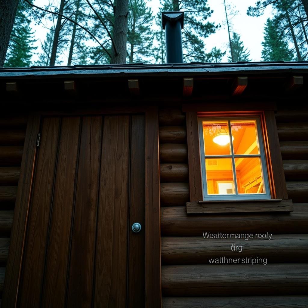 A cozy cabin nestled in a serene wilderness, its weatherproofing elements on full display. In the foreground, a sturdy wooden door with a heavy-duty seal, flanked by thick insulation panels. The middle ground showcases a well-maintained roof, its shingles interlocked to repel rain and snow. In the background, a well-sealed window frame with weatherstripping, protecting against drafts. Warm lighting from within the cabin casts a glow, creating a inviting atmosphere. The scene is photographed at a low angle, emphasizing the cabin's rugged construction and resilience against the elements.