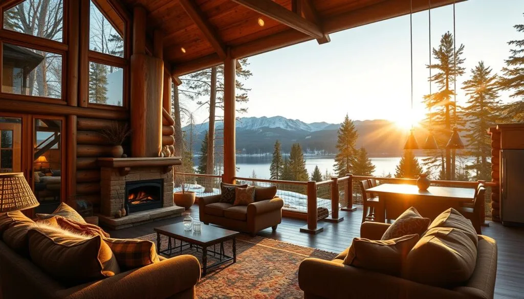 A cozy cabin nestled in a serene woodland setting, illuminated by warm, natural lighting filtering through large windows. The foreground features a well-appointed living area with plush, inviting furnishings and a roaring fireplace, while the middle ground showcases an open floor plan seamlessly integrating the kitchen and dining spaces. The background reveals a scenic panorama of snow-capped mountains and a tranquil lake, conveying a sense of peaceful isolation and connection to the great outdoors. The overall atmosphere evokes a harmonious cabin lifestyle, reflecting the ideal of a thoughtfully designed floor plan that caters to both relaxation and entertainment.