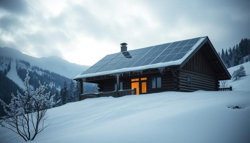 A cozy cabin nestled in a snowy, mountainous landscape, its roof adorned with solar panels. The panels, partially obscured by swirling snowflakes, struggle to capture the faint winter sunlight, casting long shadows across the snow-covered ground. In the foreground, icicles cling to the cabin's eaves, hinting at the challenges of maintaining efficient solar power generation during the colder months. The scene is bathed in a cool, overcast light, conveying the difficulties of relying on solar energy when daylight hours are short and sunlight is scarce. A subtle, muted color palette suggests the cabin's need to adapt its energy systems to the changing seasons.