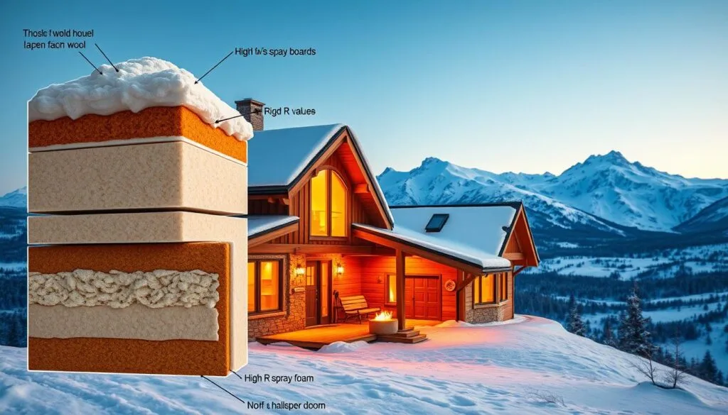 A cozy cabin nestled in a snowy, mountainous landscape, with a focus on its insulation strategies. In the foreground, detailed cross-sections showcase various insulation materials, such as thick layers of wool, rigid foam boards, and high-R-value spray foam. The middle ground depicts the cabin's exterior, showcased with a warm, sunset-orange glow, highlighting the strategic placement of insulation around windows, doors, and the roofline. In the background, a panoramic view of snow-capped peaks and a crisp, azure sky set the scene for a picturesque, cold-climate environment. Warm, earthy tones and soft, diffused lighting create a sense of comfort and efficiency.