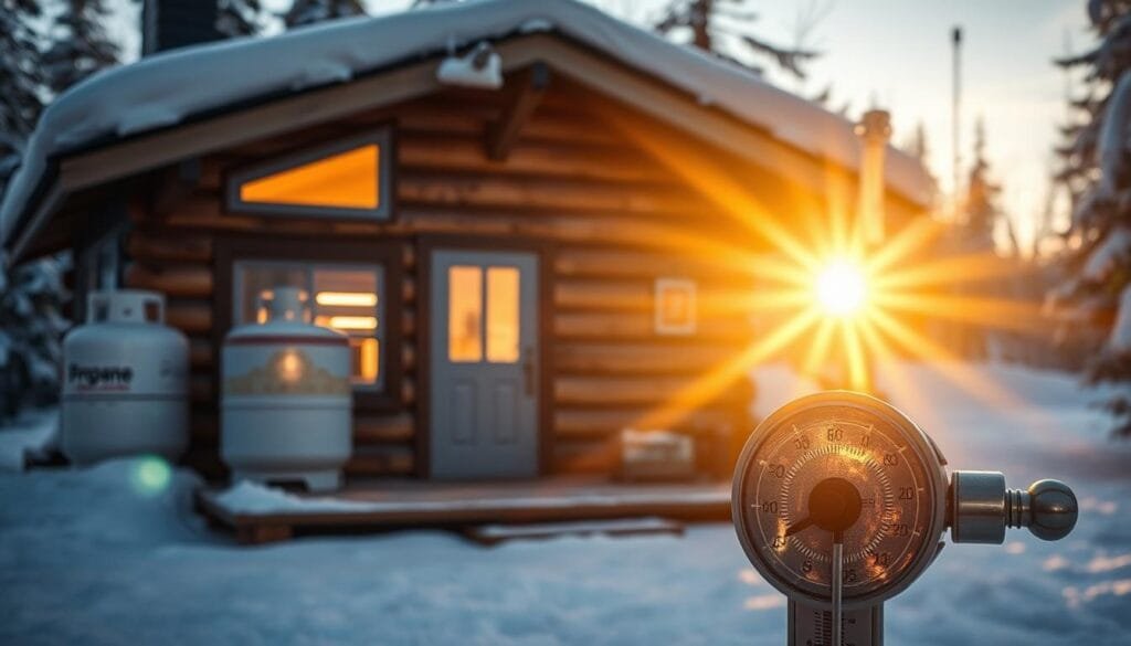 A cozy cabin nestled in a snowy winter landscape, with a propane tank and a wood-burning stove visible outside. The interior of the cabin is illuminated by a warm, golden glow, showcasing the contrast between the two heating systems. Sunlight streams in through the windows, casting a soft, natural light that highlights the texture of the wood and the warmth of the propane flame. In the foreground, a thermometer displays the temperature, emphasizing the importance of climate considerations in choosing the optimal heating solution.