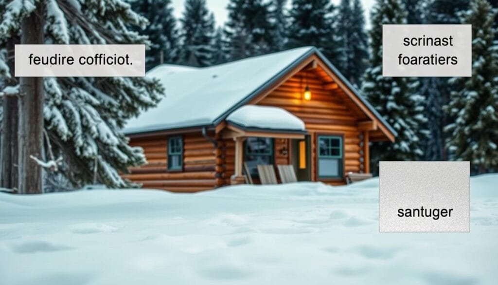 A cozy cabin nestled in a snowy winter landscape. The foreground features various window insulation strategies - plastic film sheeting, thermal curtains, and insulating foam panels. The middle ground showcases the cabin's exterior, with its weathered wooden siding and a dusting of fresh snow. In the background, a serene forest of evergreen trees provides a natural backdrop. The lighting is soft and diffused, creating a warm and inviting atmosphere. The overall scene conveys the importance of effective window insulation for maintaining comfort and energy efficiency during the cold cabin winterization process.