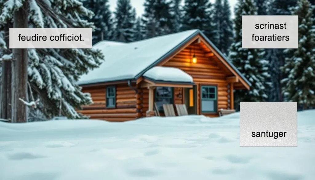 A cozy cabin nestled in a snowy winter landscape. The foreground features various window insulation strategies - plastic film sheeting, thermal curtains, and insulating foam panels. The middle ground showcases the cabin's exterior, with its weathered wooden siding and a dusting of fresh snow. In the background, a serene forest of evergreen trees provides a natural backdrop. The lighting is soft and diffused, creating a warm and inviting atmosphere. The overall scene conveys the importance of effective window insulation for maintaining comfort and energy efficiency during the cold cabin winterization process.