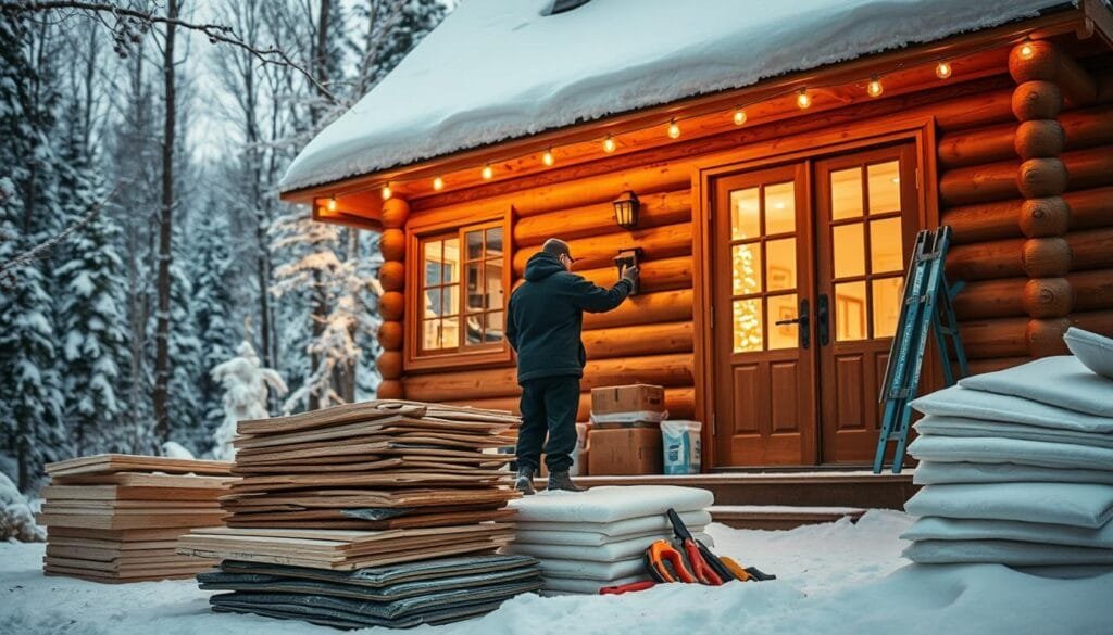 A cozy cabin nestled in a winter landscape, the foreground showing a person performing seasonal maintenance on the cabin's insulation. They are carefully inspecting and adjusting weatherstripping around the windows and doors, ensuring a tight seal to keep the cold air out. In the middle ground, piles of insulation materials and tools are neatly organized, ready for any necessary repairs or upgrades. The background depicts a snow-covered forest, with the cabin's warm glow from within creating a inviting atmosphere. Soft, diffused lighting illuminates the scene, casting gentle shadows and highlights to emphasize the textures of the materials. The composition is balanced, drawing the viewer's eye to the focal point of the insulation maintenance work.