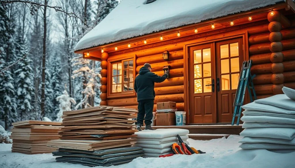 A cozy cabin nestled in a winter landscape, the foreground showing a person performing seasonal maintenance on the cabin's insulation. They are carefully inspecting and adjusting weatherstripping around the windows and doors, ensuring a tight seal to keep the cold air out. In the middle ground, piles of insulation materials and tools are neatly organized, ready for any necessary repairs or upgrades. The background depicts a snow-covered forest, with the cabin's warm glow from within creating a inviting atmosphere. Soft, diffused lighting illuminates the scene, casting gentle shadows and highlights to emphasize the textures of the materials. The composition is balanced, drawing the viewer's eye to the focal point of the insulation maintenance work.