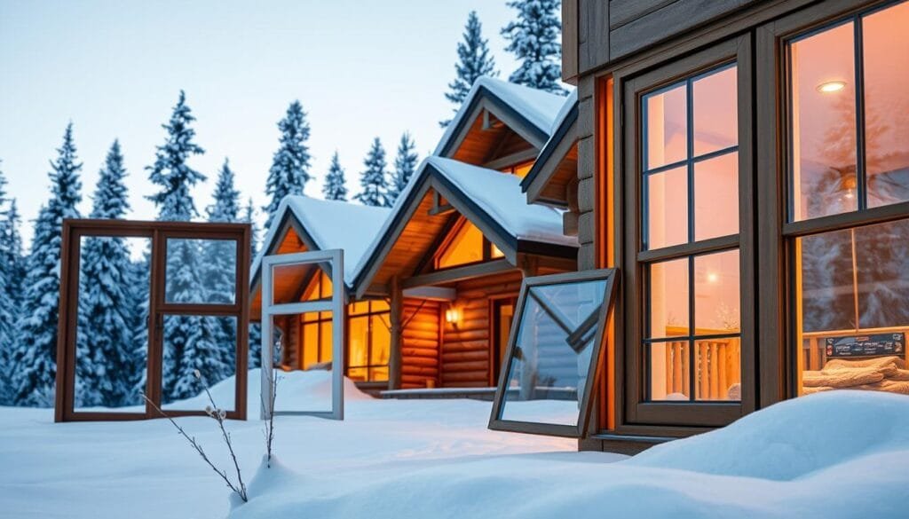A cozy cabin nestled in a winter wonderland, its exterior bathed in warm, soft light. In the foreground, a close-up view of several energy-efficient window models, their frames showcasing modern, sleek designs. Detailed textures and materials, such as high-quality wood, durable vinyl, or robust aluminum, are highlighted. The windows display clear, double-glazed panes, reflecting the snowy landscape outside. In the middle ground, the cabin's exterior features a well-insulated, log-cabin aesthetic, complemented by a snow-dusted roof. The background depicts a serene, snow-covered forest, with towering pines and a clear, starry night sky.