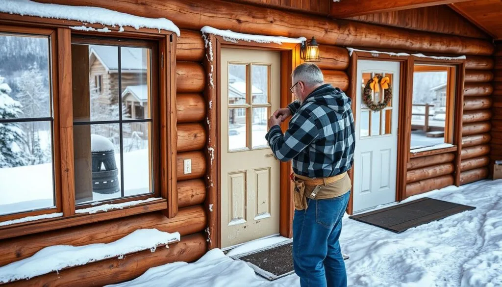 A cozy cabin nestled in a winter wonderland, with a focus on weatherproofing techniques. In the foreground, a skilled handyman demonstrates how to apply weatherstripping around a window frame, ensuring a tight seal against the elements. In the middle ground, a door is being fitted with a door sweep, blocking drafts and preventing snow and rain from seeping in. The background features a picturesque snowy landscape, with the cabin's exterior visible, showcasing proper caulking and sealant application around the window and door frames. Warm, natural lighting illuminates the scene, creating a inviting and practical demonstration of essential cabin winterization methods.