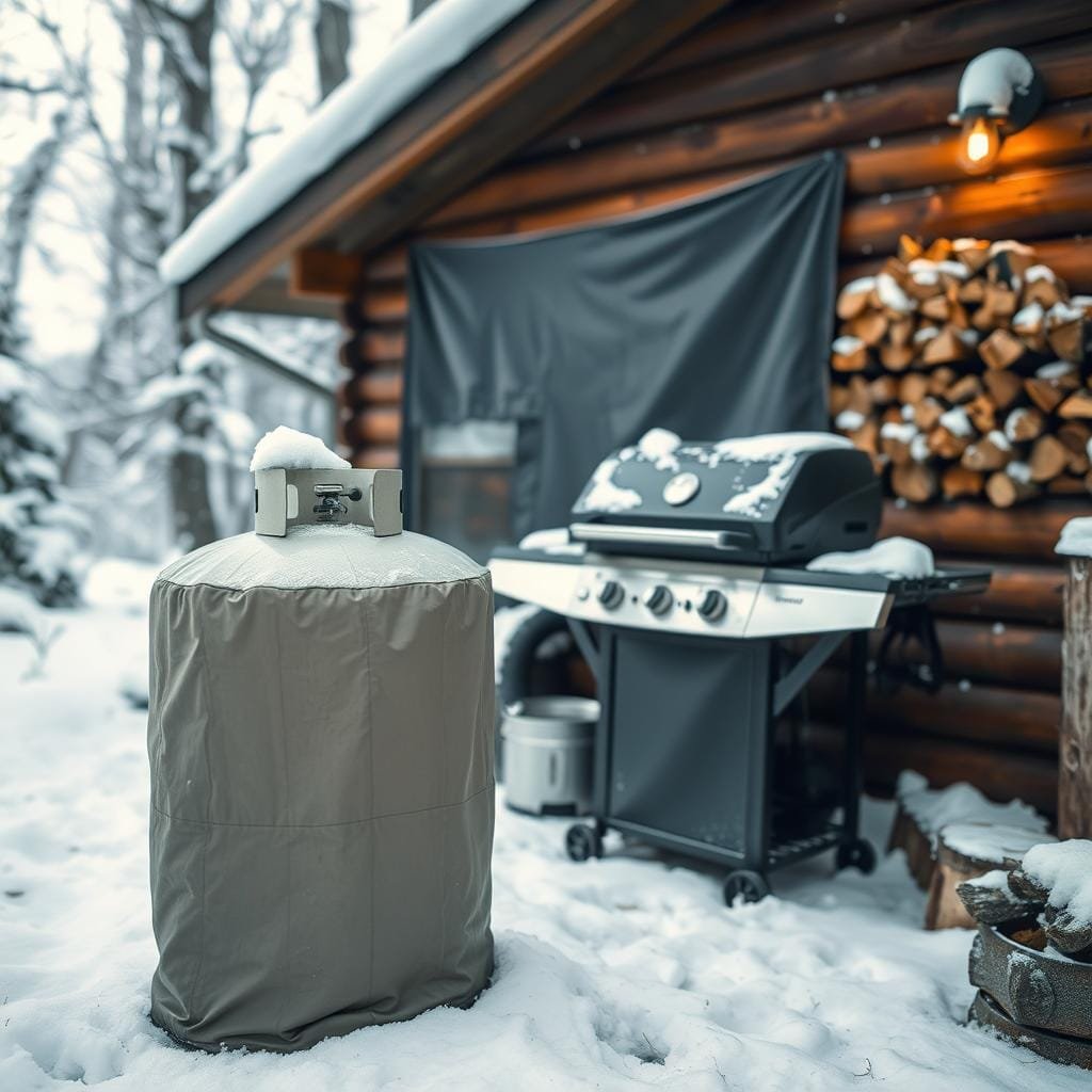 A cozy cabin nestled in a winter wonderland, with its appliances protected from the elements. In the foreground, a snug-fitting insulated cover shields a propane tank, its metallic surface reflecting the muted tones of the surrounding snow. In the middle ground, a heavy-duty tarp wraps around an outdoor grill, safeguarding it from the biting cold. In the background, a well-maintained woodpile stands tall, its logs ready to fuel the cabin's warmth. The scene is bathed in a soft, diffused lighting, creating a tranquil, atmospheric mood. A wide-angle lens captures the harmonious interplay of the cabin's systems and the winter landscape, conveying a sense of preparedness and self-sufficiency.