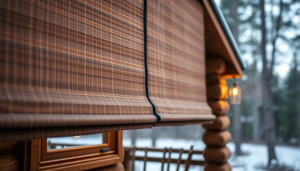 A cozy cabin nestled in the woods, its windows adorned with thick, insulated shades that block out the cold. The shades are made of high-quality, thermally-efficient fabric, their deep, earthy tones complementing the rustic charm of the cabin's interior. Soft, diffused lighting filters through the shades, creating a warm and inviting ambiance. The shades are precisely fitted to the cabin's windows, ensuring a seamless, tailored look that enhances the overall energy efficiency of the space. In the foreground, the shades are in focus, their intricate textures and weave patterns visible. The background blurs into a serene, forested landscape, hinting at the tranquil setting of the cabin.