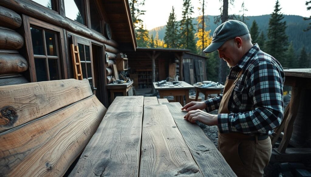 A cozy cabin surrounded by lush forests, the foreground showcasing a skilled carpenter carefully examining a collection of reclaimed wood planks. Worn and weathered, each plank holds a unique story, its texture and grain reflecting the passage of time. In the middle ground, a well-stocked workshop, tools neatly organized, a testament to the attention to detail required in sourcing high-quality reclaimed materials. The background features a scenic mountain vista, the warm glow of the afternoon sun filtering through the trees, creating a inviting and serene atmosphere. Lighting is soft and natural, the image captured through a medium-wide lens to convey a sense of depth and scale.
