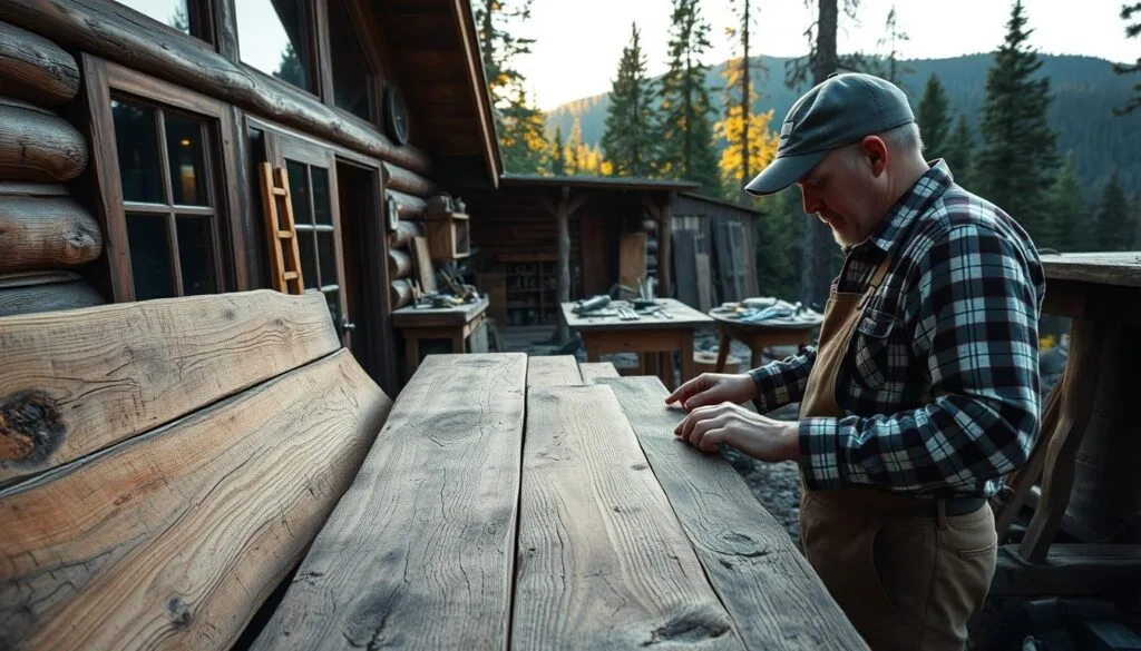 A cozy cabin surrounded by lush forests, the foreground showcasing a skilled carpenter carefully examining a collection of reclaimed wood planks. Worn and weathered, each plank holds a unique story, its texture and grain reflecting the passage of time. In the middle ground, a well-stocked workshop, tools neatly organized, a testament to the attention to detail required in sourcing high-quality reclaimed materials. The background features a scenic mountain vista, the warm glow of the afternoon sun filtering through the trees, creating a inviting and serene atmosphere. Lighting is soft and natural, the image captured through a medium-wide lens to convey a sense of depth and scale.