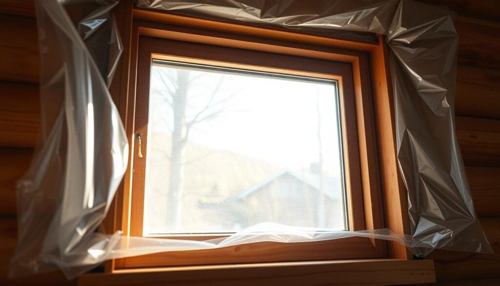 A cozy cabin window with natural light streaming in, the pane covered in a layer of clear plastic film insulation. The film is carefully applied, creating a seamless, tight seal to prevent drafts. The edges are neatly tucked and taped, blending into the wooden window frame. The installation is precise, with no visible wrinkles or bubbles. Soft, diffused illumination fills the space, creating a warm, inviting atmosphere. The window's reflection on the interior wall adds depth and texture to the scene.