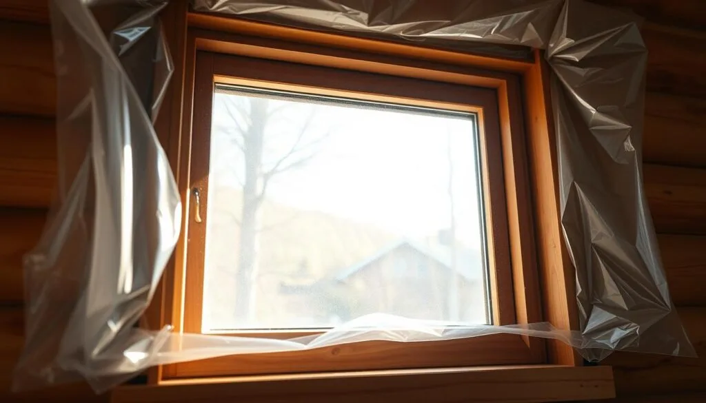 A cozy cabin window with natural light streaming in, the pane covered in a layer of clear plastic film insulation. The film is carefully applied, creating a seamless, tight seal to prevent drafts. The edges are neatly tucked and taped, blending into the wooden window frame. The installation is precise, with no visible wrinkles or bubbles. Soft, diffused illumination fills the space, creating a warm, inviting atmosphere. The window's reflection on the interior wall adds depth and texture to the scene.