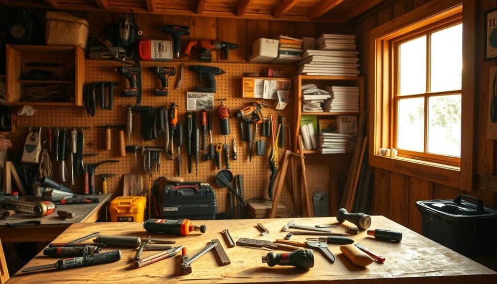 A cozy cabin workshop bathed in warm, golden light filtering through a large window, showcasing an array of meticulously organized power tools and hand tools. In the foreground, a well-worn workbench with various tools laid out, representing the cabin builder's "tool philosophy" - a thoughtful curation of essential items. The middle ground features a pegboard displaying a diverse range of power tools, each with its own purpose and personality. In the background, a bookshelf filled with woodworking manuals and DIY guides, hinting at the cabin builder's commitment to continuous learning and understanding their craft. The overall scene exudes a sense of tranquility, efficiency, and a deep appreciation for the tools that enable the cabin-building journey.
