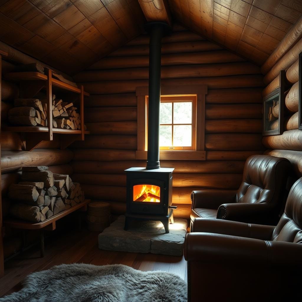 A cozy interior of a small log cabin, with a cast iron wood stove as the focal point. The stove is placed on a stone hearth, its flickering flames casting a warm glow on the surrounding wooden walls and ceiling. Shelves on either side hold logs and kindling, while a leather armchair and fur rug create a comfortable seating area nearby. Sunlight filters in through a single window, illuminating the space and creating a serene, rustic atmosphere. The overall composition emphasizes the compact yet functional design, perfect for a remote cabin retreat. A cozy interior of a small log cabin, with a cast iron wood stove as the focal point. The stove is placed on a stone hearth, its flickering flames casting a warm glow on the surrounding wooden walls and ceiling. Shelves on either side hold logs and kindling, while a leather armchair and fur rug create a comfortable seating area nearby. Sunlight filters in through a single window, illuminating the space and creating a serene, rustic atmosphere. The overall composition emphasizes the compact yet functional design, perfect for a remote cabin retreat.