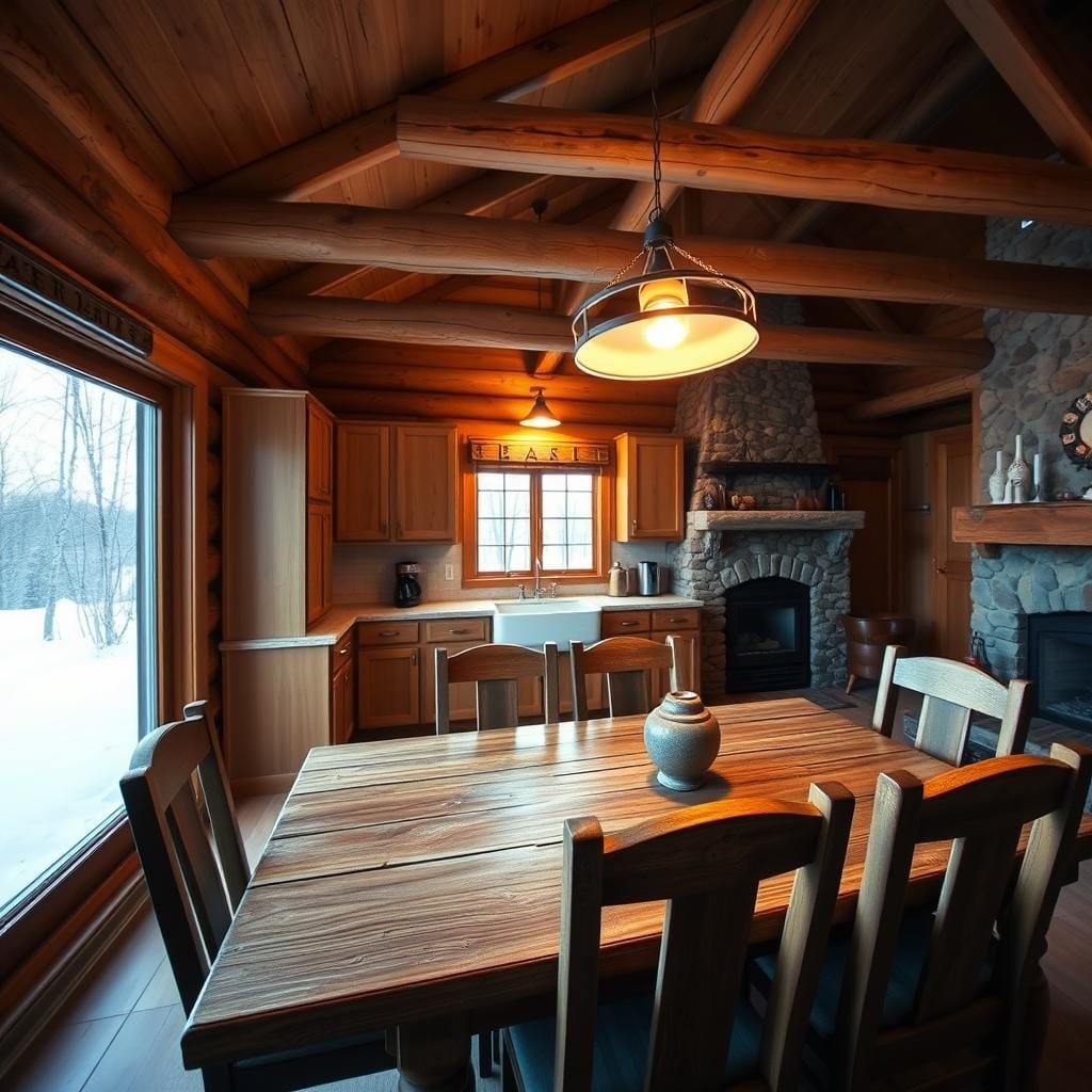 A cozy, inviting cabin kitchen and dining space. In the foreground, a rustic wooden dining table surrounded by comfortable chairs, with a large window overlooking a snowy landscape. Soft, warm lighting from a hanging pendant casts a gentle glow, creating an intimate atmosphere. The middle ground features a well-equipped kitchen with wooden cabinets, stone countertops, and a classic farmhouse-style sink. Exposed beams and a stone fireplace in the background add to the cabin's charming ambiance. The scene is captured with a wide-angle lens, conveying a sense of spaciousness and harmony within the small layout.