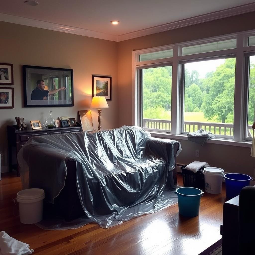 A cozy living room interior with warm lighting, wooden floors, and plush furnishings. In the foreground, a sturdy plastic tarp is carefully draped over a sofa, protecting it from potential water damage. Carefully placed buckets and towels strategically placed around the room to catch any leaks. The walls are decorated with framed art, and a large window overlooking a lush, green landscape provides natural illumination. The atmosphere is one of calm preparation, with a sense of proactive care and attention to detail in safeguarding the home's interior. A cozy living room interior with warm lighting, wooden floors, and plush furnishings. In the foreground, a sturdy plastic tarp is carefully draped over a sofa, protecting it from potential water damage. Carefully placed buckets and towels strategically placed around the room to catch any leaks. The walls are decorated with framed art, and a large window overlooking a lush, green landscape provides natural illumination. The atmosphere is one of calm preparation, with a sense of proactive care and attention to detail in safeguarding the home's interior.