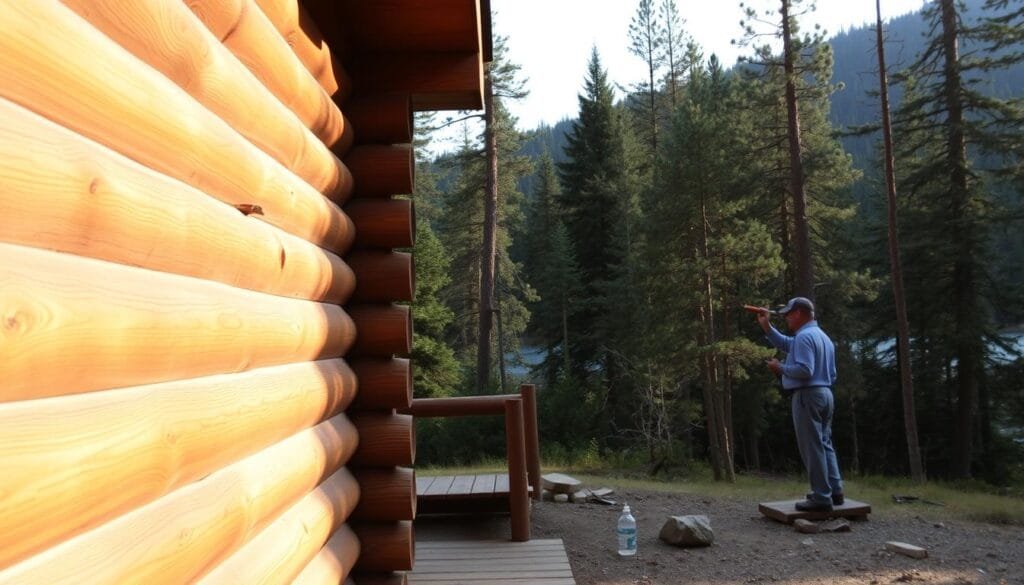 A cozy log cabin nestled in a lush, forested landscape. In the foreground, the rough-hewn logs of the cabin walls are being carefully treated with a natural wood sealant, the warm tones of the wood glistening under the soft, diffused lighting. In the middle ground, a craftsman diligently applies the sealant, taking care to protect the integrity of the logs. The background features a picturesque woodland setting, with towering evergreens and a glimpse of a tranquil lake or stream. The overall scene radiates a sense of rustic charm and timeless craftsmanship, capturing the essence of finishing and protecting log cabin walls.