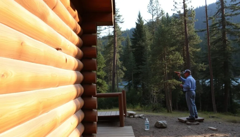 A cozy log cabin nestled in a lush, forested landscape. In the foreground, the rough-hewn logs of the cabin walls are being carefully treated with a natural wood sealant, the warm tones of the wood glistening under the soft, diffused lighting. In the middle ground, a craftsman diligently applies the sealant, taking care to protect the integrity of the logs. The background features a picturesque woodland setting, with towering evergreens and a glimpse of a tranquil lake or stream. The overall scene radiates a sense of rustic charm and timeless craftsmanship, capturing the essence of finishing and protecting log cabin walls. A cozy log cabin nestled in a lush, forested landscape. In the foreground, the rough-hewn logs of the cabin walls are being carefully treated with a natural wood sealant, the warm tones of the wood glistening under the soft, diffused lighting. In the middle ground, a craftsman diligently applies the sealant, taking care to protect the integrity of the logs. The background features a picturesque woodland setting, with towering evergreens and a glimpse of a tranquil lake or stream. The overall scene radiates a sense of rustic charm and timeless craftsmanship, capturing the essence of finishing and protecting log cabin walls.