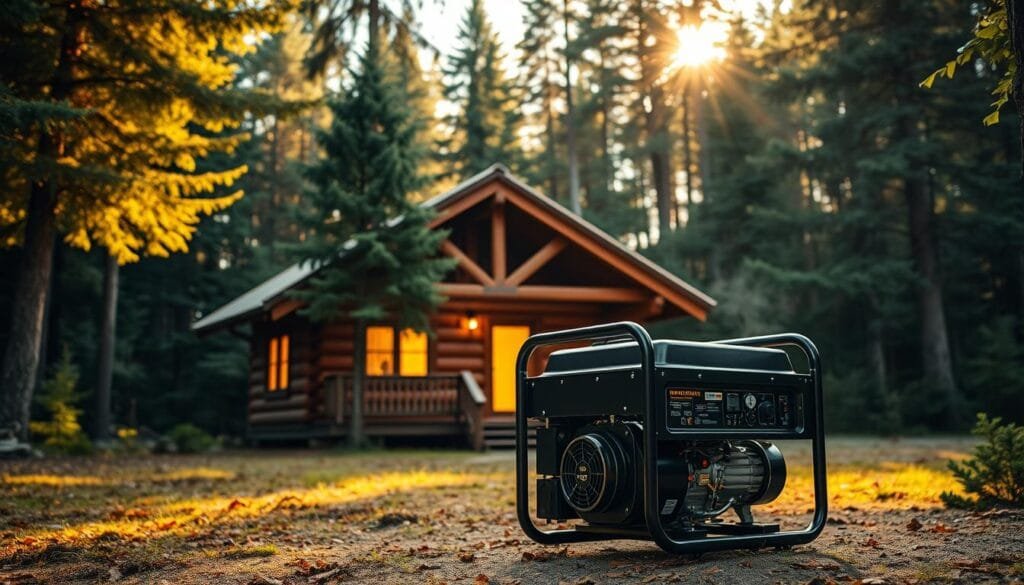 A cozy log cabin nestled in a serene forest, its rustic exterior bathed in warm, golden sunlight filtering through the canopy of lush, evergreen trees. In the foreground, a powerful, fuel-efficient generator stands ready, its sturdy frame and gleaming metal surfaces suggesting its reliability and capability to provide reliable power to the cabin when the grid fails. The generator's exhaust pipe curls upward, blending seamlessly with the natural surroundings. The cabin's windows glow with a soft, inviting light, hinting at the comfort and amenities within, made possible by the generator's steady supply of electricity. The overall scene conveys a sense of self-reliance, efficiency, and harmony with the great outdoors. A cozy log cabin nestled in a serene forest, its rustic exterior bathed in warm, golden sunlight filtering through the canopy of lush, evergreen trees. In the foreground, a powerful, fuel-efficient generator stands ready, its sturdy frame and gleaming metal surfaces suggesting its reliability and capability to provide reliable power to the cabin when the grid fails. The generator's exhaust pipe curls upward, blending seamlessly with the natural surroundings. The cabin's windows glow with a soft, inviting light, hinting at the comfort and amenities within, made possible by the generator's steady supply of electricity. The overall scene conveys a sense of self-reliance, efficiency, and harmony with the great outdoors.