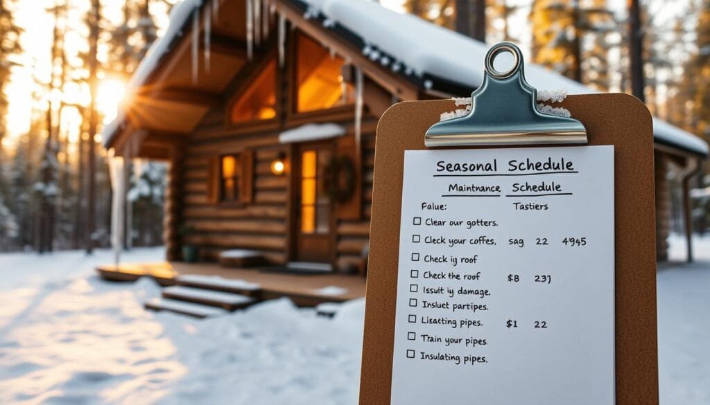 A cozy log cabin nestled in a snow-covered forest, its exterior adorned with icicles and a dusting of fresh powder. In the foreground, a well-organized maintenance schedule displayed on a weathered wooden clipboard, detailing seasonal tasks such as clearing gutters, checking the roof for damage, and insulating pipes. Warm golden light filters through the cabin's windows, casting a soft, inviting glow. The scene conveys a sense of careful preparation and attention to detail, essential for protecting a cabin from the harsh elements of winter.