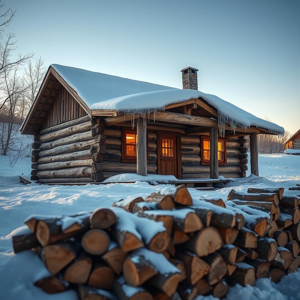 A cozy log cabin nestled in a snowy landscape, weathered by the elements yet standing strong. The cabin's sturdy logs, meticulously crafted, create a rugged yet inviting exterior. Warm light spills through the windows, casting a soft glow across the snow-covered ground. Icicles cling to the roof, reflecting the crisp, winter sunlight. In the foreground, a pile of freshly chopped firewood, ready to fuel the cabin's hearth and provide protection against the chilling wind. The scene conveys the cabin's resilience, its ability to withstand the harshest of weather conditions while offering a haven of comfort and warmth.