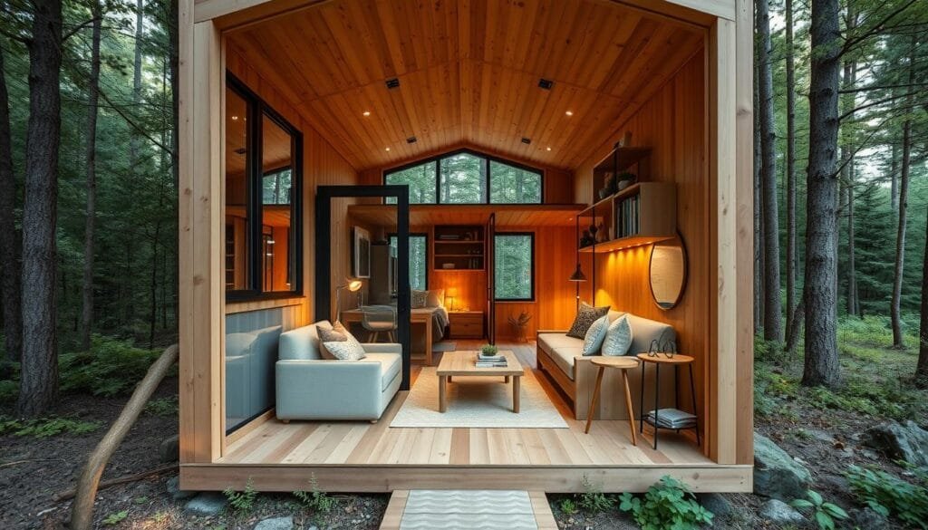 A cozy, modular cabin nestled in a lush, wooded landscape. The exterior features clean, minimalist lines with a combination of wood paneling and large windows that maximize natural light and views. Inside, the open-concept layout seamlessly integrates storage, seating, and sleeping areas, showcasing efficient, customizable furniture and modular design elements. Warm, indirect lighting casts a soft glow, while earthy tones and natural materials create a serene, harmonious atmosphere. The cabin's compact, thoughtfully-planned design minimizes waste and optimizes space, embodying the principles of sustainable, off-grid living. A cozy, modular cabin nestled in a lush, wooded landscape. The exterior features clean, minimalist lines with a combination of wood paneling and large windows that maximize natural light and views. Inside, the open-concept layout seamlessly integrates storage, seating, and sleeping areas, showcasing efficient, customizable furniture and modular design elements. Warm, indirect lighting casts a soft glow, while earthy tones and natural materials create a serene, harmonious atmosphere. The cabin's compact, thoughtfully-planned design minimizes waste and optimizes space, embodying the principles of sustainable, off-grid living.