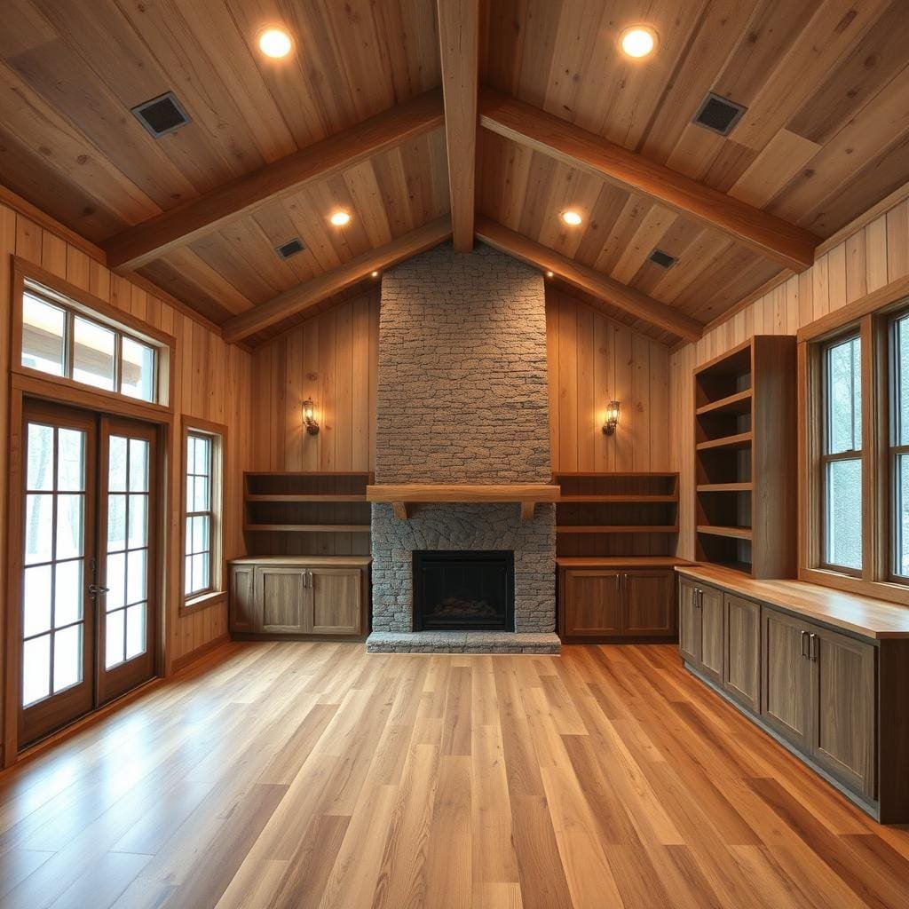 A cozy, moisture-resistant cabin interior with natural wood finishes and earthy tones. Rustic beadboard paneling lines the walls, complemented by a weathered wood beam ceiling. Durable vinyl plank flooring in a warm, earthy hue covers the ground, seamlessly blending with the overall aesthetic. Soft, indirect lighting from recessed fixtures and a stone fireplace mantel create a welcoming ambiance. Strategically placed built-in storage units and shelves provide functional organization while maintaining the cabin's charming character. Large windows allow natural light to flood the space, illuminating the cabin's moisture-resistant, budget-friendly finishes.