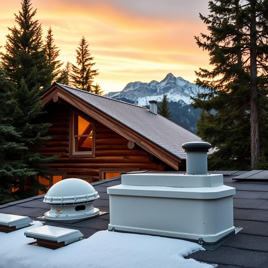 A cozy mountain cabin nestled among towering evergreens, its weathered timber walls and rustic charm taking center stage. In the foreground, a well-designed ventilation system, with strategically placed vents and air inlets, ensures efficient airflow and optimal indoor climate control. The mid-ground showcases the cabin's sloped roof, the eaves sheltering the exterior from the elements. In the background, a majestic mountain range rises, its snow-capped peaks silhouetted against a golden sunset sky. Lighting is natural, with soft, ambient illumination filtering through the windows, creating a warm and inviting atmosphere. The overall scene conveys a sense of harmony between the cabin's design and its rugged, alpine surroundings, highlighting the importance of thoughtful ventilation in mountain cabin weatherization. A cozy mountain cabin nestled among towering evergreens, its weathered timber walls and rustic charm taking center stage. In the foreground, a well-designed ventilation system, with strategically placed vents and air inlets, ensures efficient airflow and optimal indoor climate control. The mid-ground showcases the cabin's sloped roof, the eaves sheltering the exterior from the elements. In the background, a majestic mountain range rises, its snow-capped peaks silhouetted against a golden sunset sky. Lighting is natural, with soft, ambient illumination filtering through the windows, creating a warm and inviting atmosphere. The overall scene conveys a sense of harmony between the cabin's design and its rugged, alpine surroundings, highlighting the importance of thoughtful ventilation in mountain cabin weatherization.