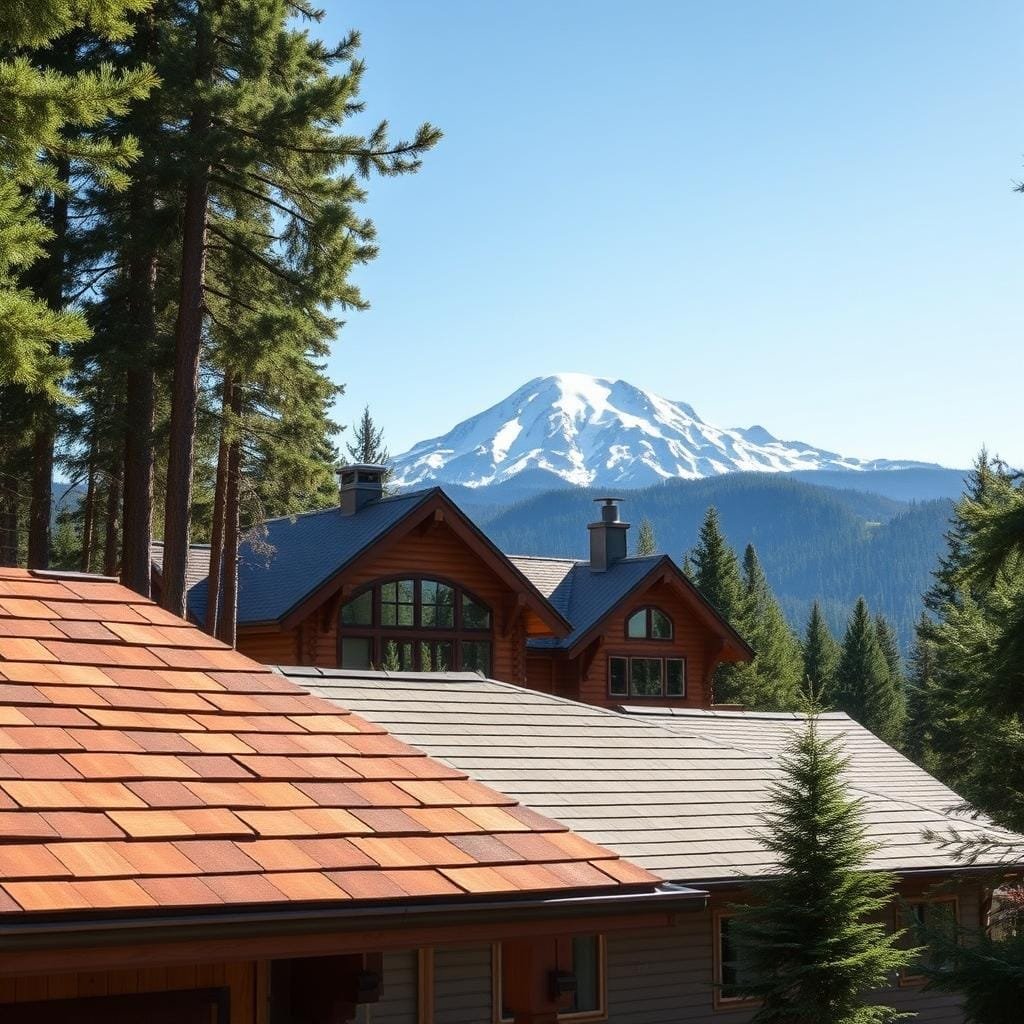 A cozy mountain cabin nestled in a lush forest, sunlight filtering through the trees. In the foreground, an assortment of cabin roofing options: traditional shingles in warm tones, sleek metal panels, and rustic wood shakes. The middle ground showcases various siding choices, from horizontal clapboards to vertical board-and-batten, in a range of natural hues that blend seamlessly with the surrounding landscape. In the background, a snow-capped peak stands tall, its rugged beauty creating a breathtaking backdrop. The scene is captured with a wide-angle lens, emphasizing the cabin's charming integration into the idyllic mountain setting, conveying a sense of tranquility and the perfect balance of modern and rustic elements.