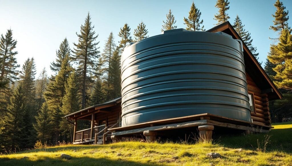 A cozy mountain cabin nestled in a lush green forest, with a large polyethylene water tank installed beside it. The tank is cylindrical in shape, with a smooth, uniform grey surface. The tank is elevated on a sturdy wooden platform, blending seamlessly with the cabin's rustic aesthetic. Warm, natural lighting illuminates the scene, casting soft shadows and highlighting the texture of the wooden structure. The background features towering pine trees and a clear blue sky, conveying a sense of tranquility and isolation. The overall composition emphasizes the functional yet aesthetic integration of the water tank into the cabin's surroundings.