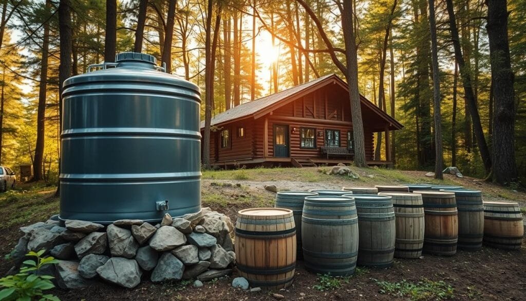 A cozy off-grid cabin nestled in a lush forest, with a well-designed water storage system in the foreground. The storage tanks, made of sturdy metal and surrounded by natural stones, stand tall and proud, reflecting the cabin's rustic charm. In the middle ground, a collection of rainwater harvesting barrels are strategically placed, their wooden exteriors blending seamlessly with the surrounding foliage. Sunlight filters through the canopy, casting a warm, golden glow over the scene and highlighting the peaceful, self-sufficient lifestyle of the cabin's inhabitants. The entire composition conveys a sense of harmony between the cabin, its occupants, and the natural world.