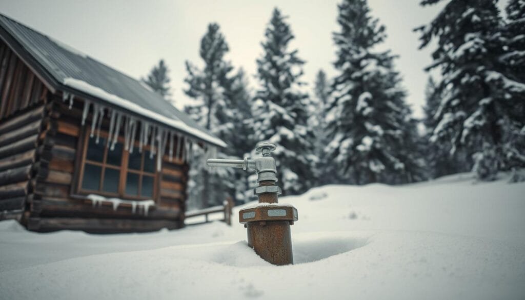 A cozy off-grid cabin nestled in a snowy winter landscape. In the foreground, a weathered wooden structure with a metal roof, its windows partially obscured by a thick layer of ice. In the middle ground, a hand-cranked water pump protrudes from the snow, its metal fittings glistening in the soft, diffused light. In the background, towering pines sway gently, their branches laden with fresh snowfall. The scene conveys a sense of rustic isolation and the need to prepare the cabin's water system for the harsh winter ahead. A moody, atmospheric shot captured with a wide-angle lens, highlighting the cabin's rugged resilience against the elements.