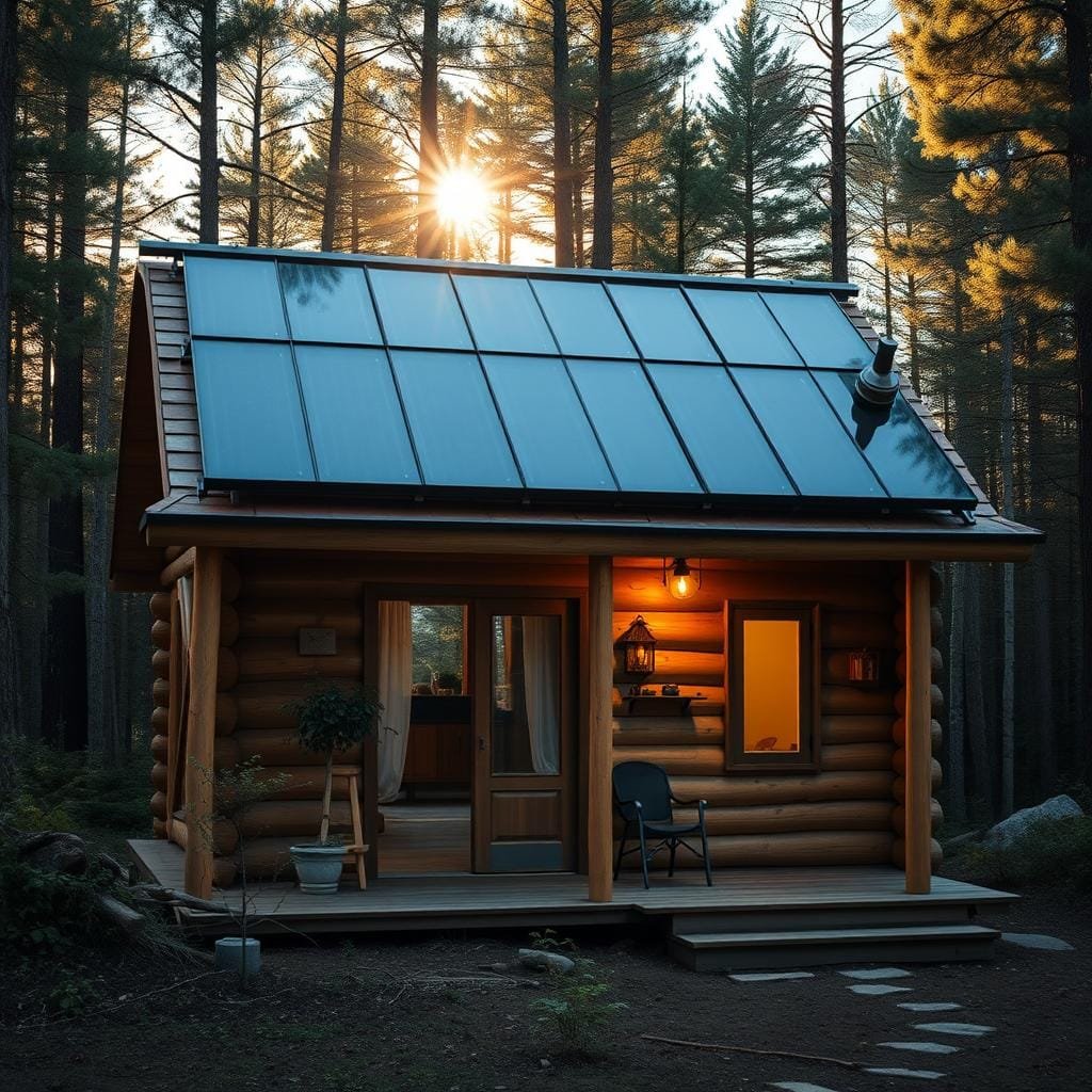 A cozy off-grid cabin nestled in a tranquil forest, its roof adorned with a state-of-the-art solar heating system. Sleek black panels capture the sun's radiant energy, channeling it through a network of pipes to warm the cabin's interior. The scene is bathed in a soft golden glow, with sunlight filtering through the surrounding trees and casting gentle shadows across the rustic wooden structure. The cabin's design seamlessly integrates the solar technology, creating a harmonious blend of modern sustainability and traditional cabin charm. This image perfectly encapsulates the natural and renewable heat solutions explored in the article's "Exploring Natural and Renewable Heat Solutions" section. A cozy off-grid cabin nestled in a tranquil forest, its roof adorned with a state-of-the-art solar heating system. Sleek black panels capture the sun's radiant energy, channeling it through a network of pipes to warm the cabin's interior. The scene is bathed in a soft golden glow, with sunlight filtering through the surrounding trees and casting gentle shadows across the rustic wooden structure. The cabin's design seamlessly integrates the solar technology, creating a harmonious blend of modern sustainability and traditional cabin charm. This image perfectly encapsulates the natural and renewable heat solutions explored in the article's "Exploring Natural and Renewable Heat Solutions" section.