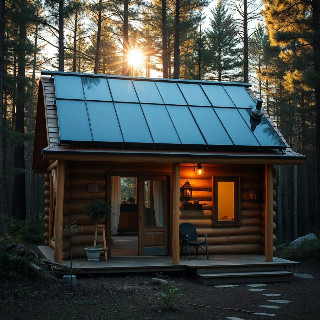 A cozy off-grid cabin nestled in a tranquil forest, its roof adorned with a state-of-the-art solar heating system. Sleek black panels capture the sun's radiant energy, channeling it through a network of pipes to warm the cabin's interior. The scene is bathed in a soft golden glow, with sunlight filtering through the surrounding trees and casting gentle shadows across the rustic wooden structure. The cabin's design seamlessly integrates the solar technology, creating a harmonious blend of modern sustainability and traditional cabin charm. This image perfectly encapsulates the natural and renewable heat solutions explored in the article's "Exploring Natural and Renewable Heat Solutions" section.